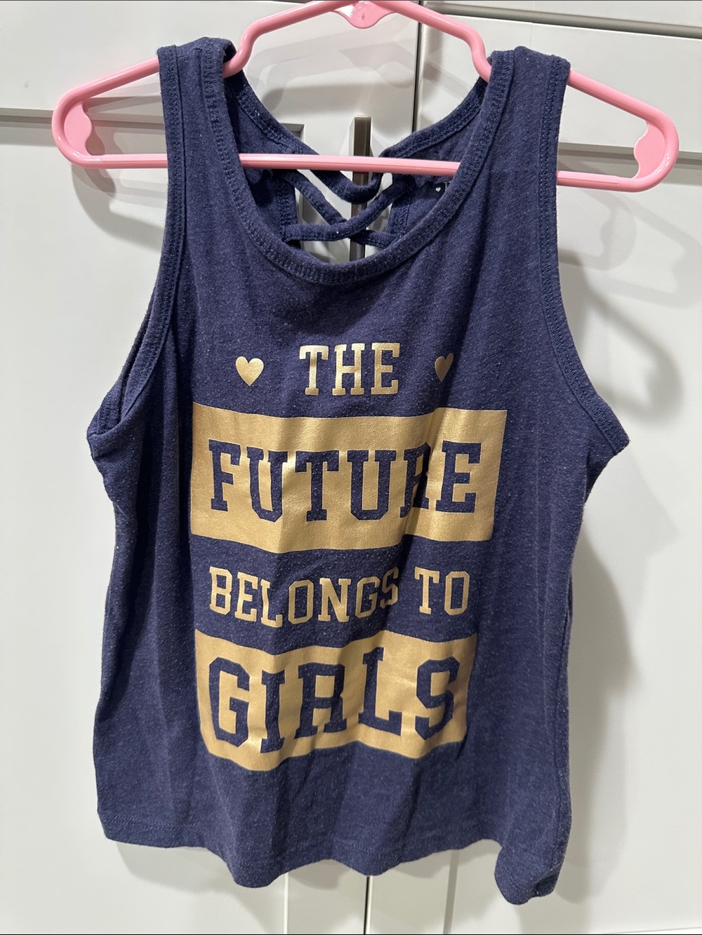 Girls M (7/8)  Navy and Gold Graphic Girls Tank Top with Crisscross Back